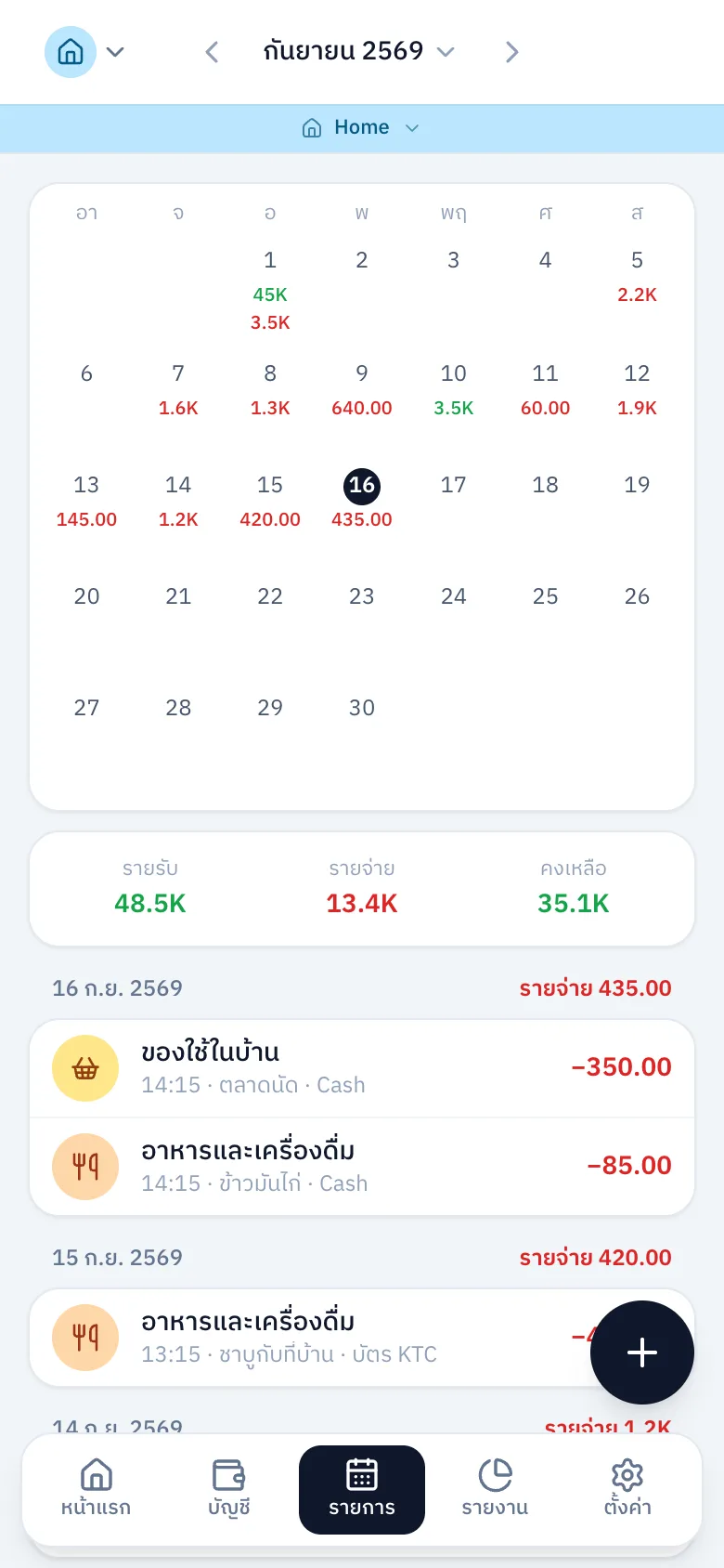 ปฏิทินรายรับรายจ่าย — เห็นยอดของแต่ละวัน แตะวันไหนก็อ่านรายการของวันนั้น